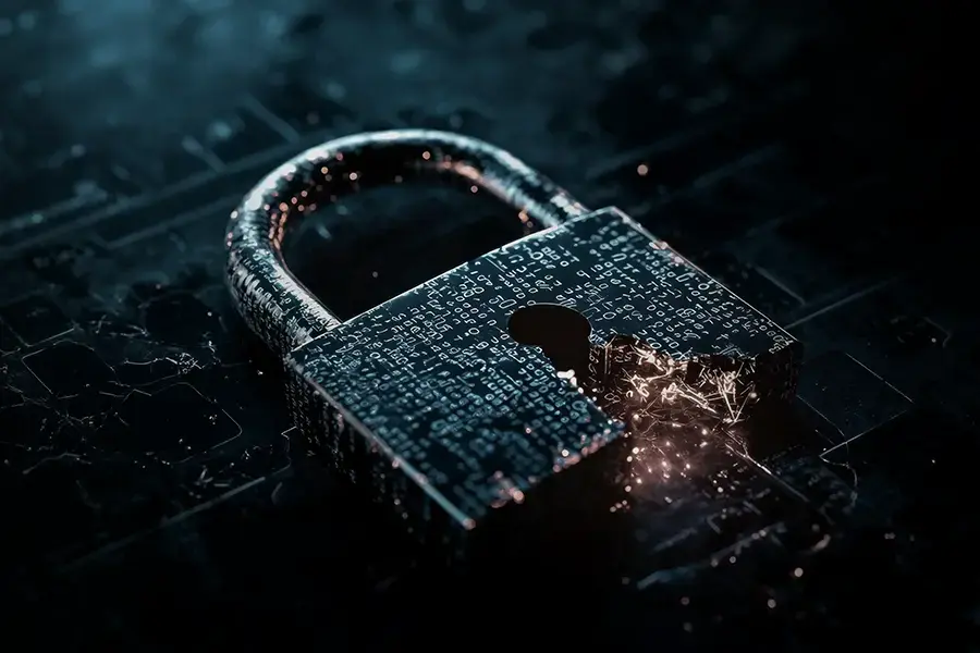 Compromised digital padlock with binary code and sparks, illustrating a data breach scenario and highlighting Liferaft’s role in detecting and responding to security incidents.