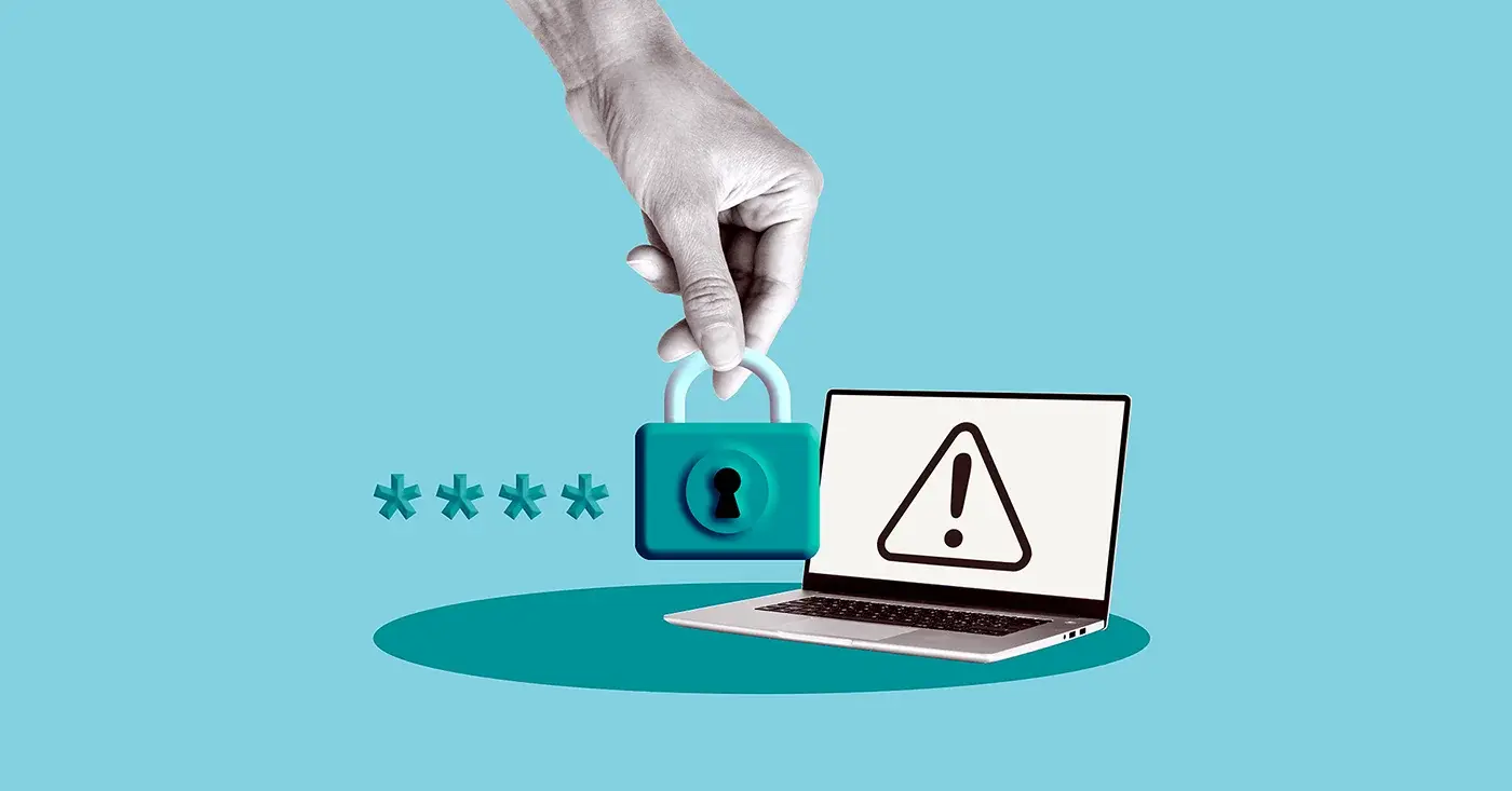Hand stealing a lock over a password field beside a laptop with a warning symbol, representing insider threat detection, risk identification, and securing organizational systems.