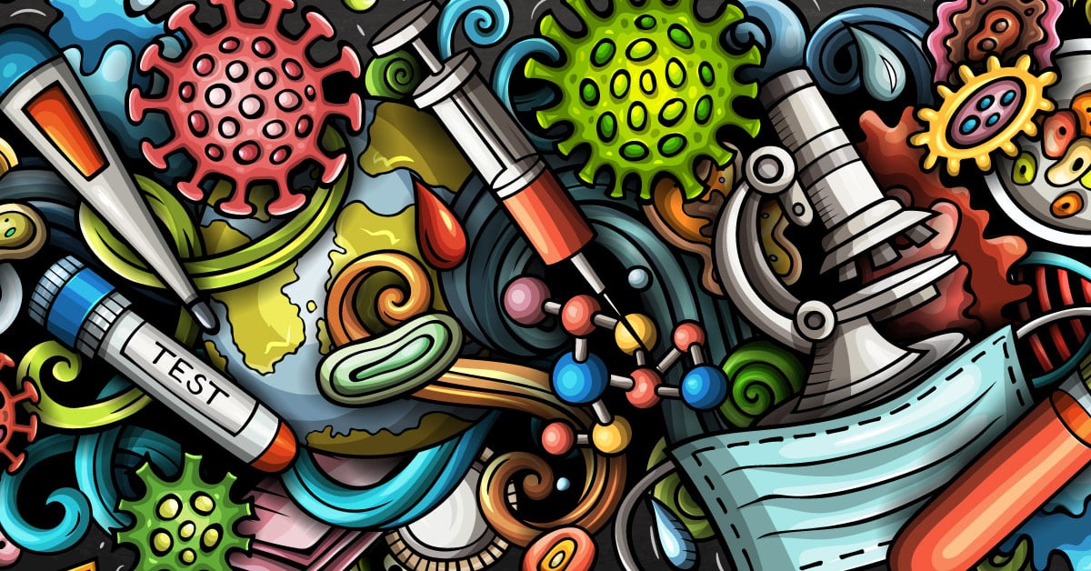 A stylized illustration mural of elements and graphics relating to COVID-19