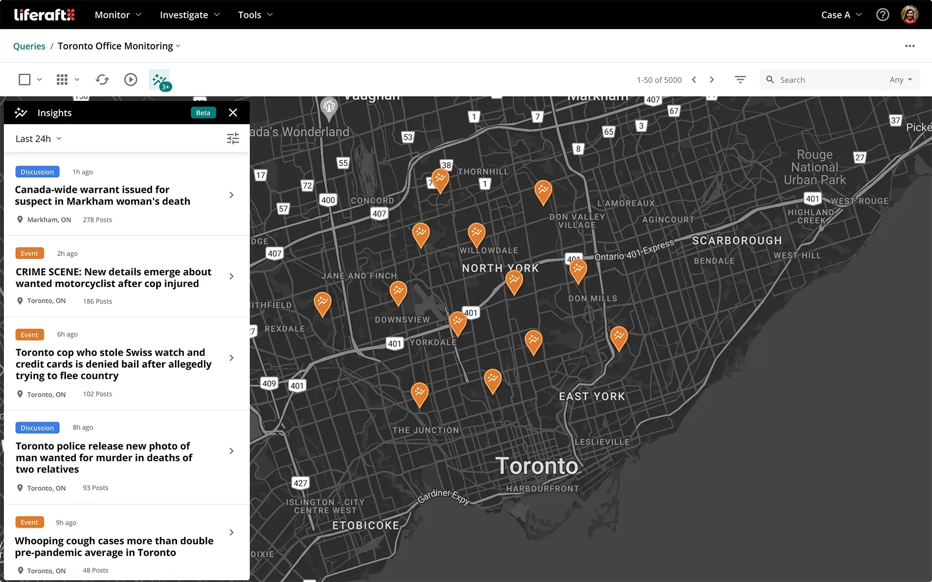 Liferaft platform screenshot of the Live Insights map