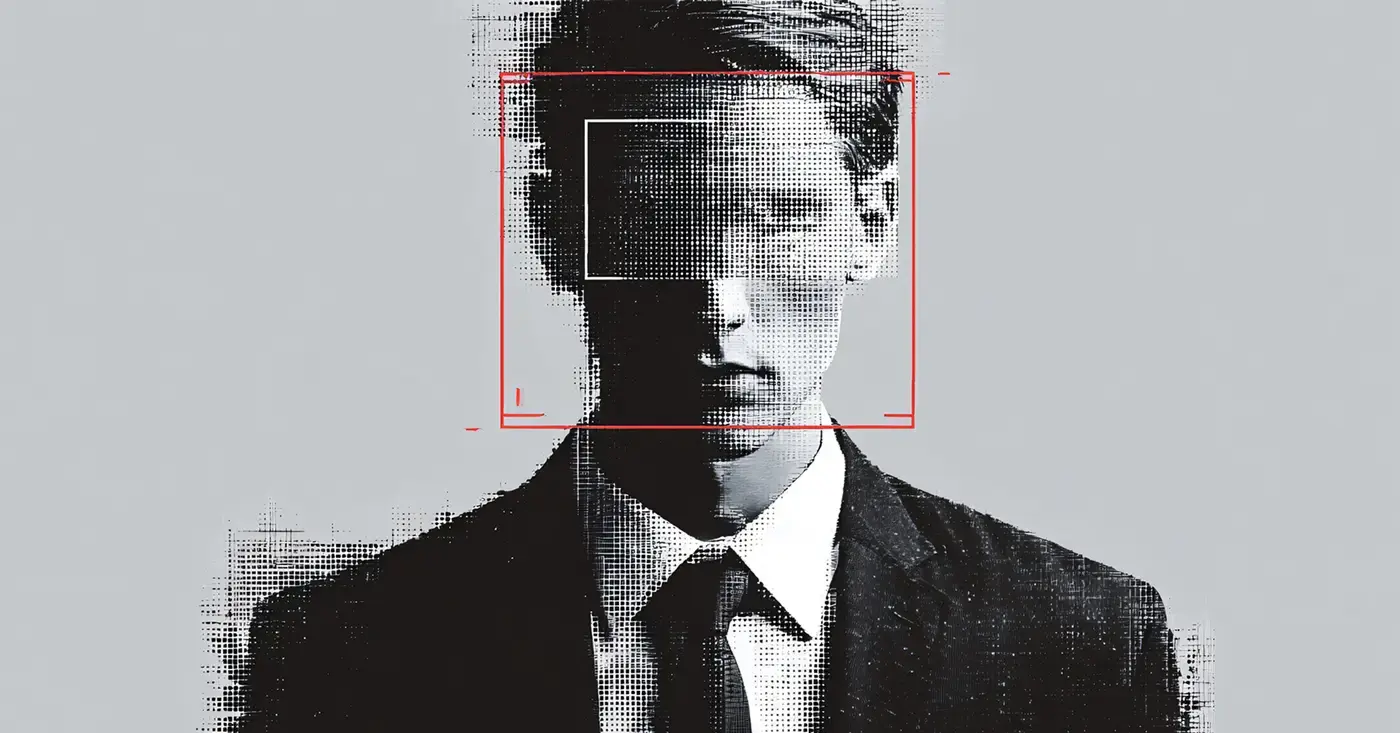 Digitally distorted executive portrait with facial recognition framing, representing deepfakes, identity impersonation, and emerging executive security risks.