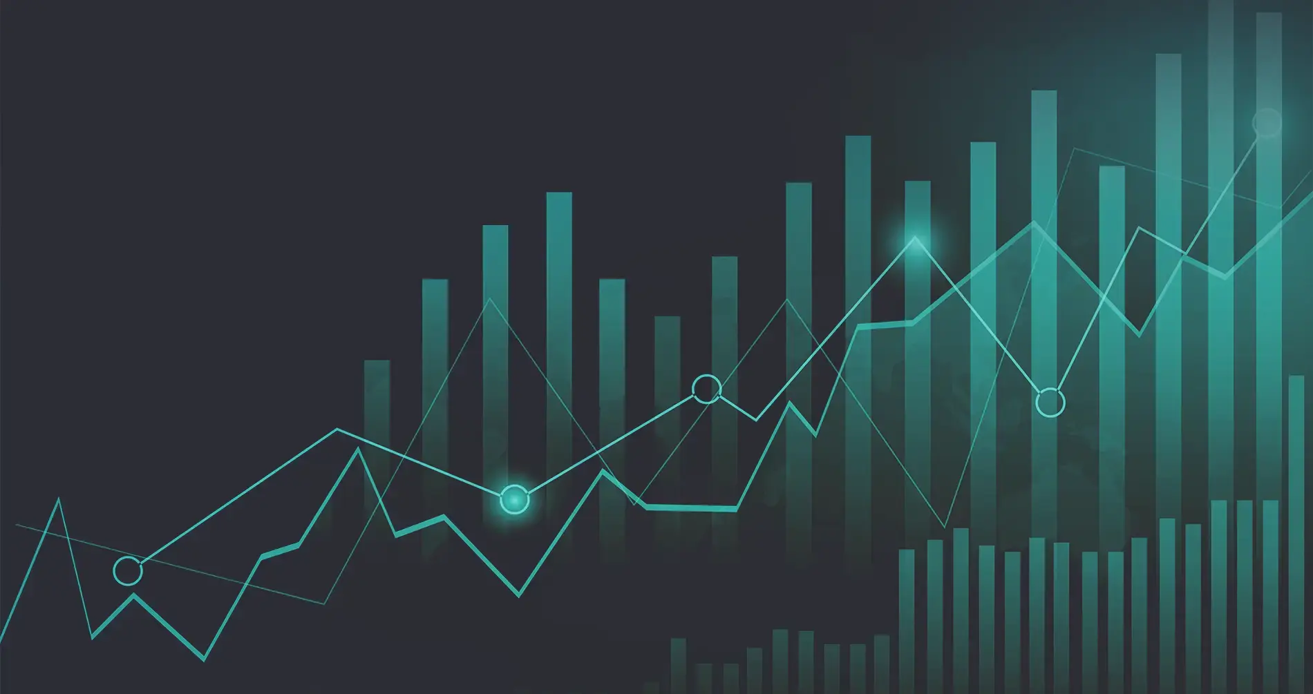 Abstract dashboard-style visualization showing teal bar charts and line graphs trending upward, representing how reporting and dashboards turn security data into actionable insights and measurable outcomes.