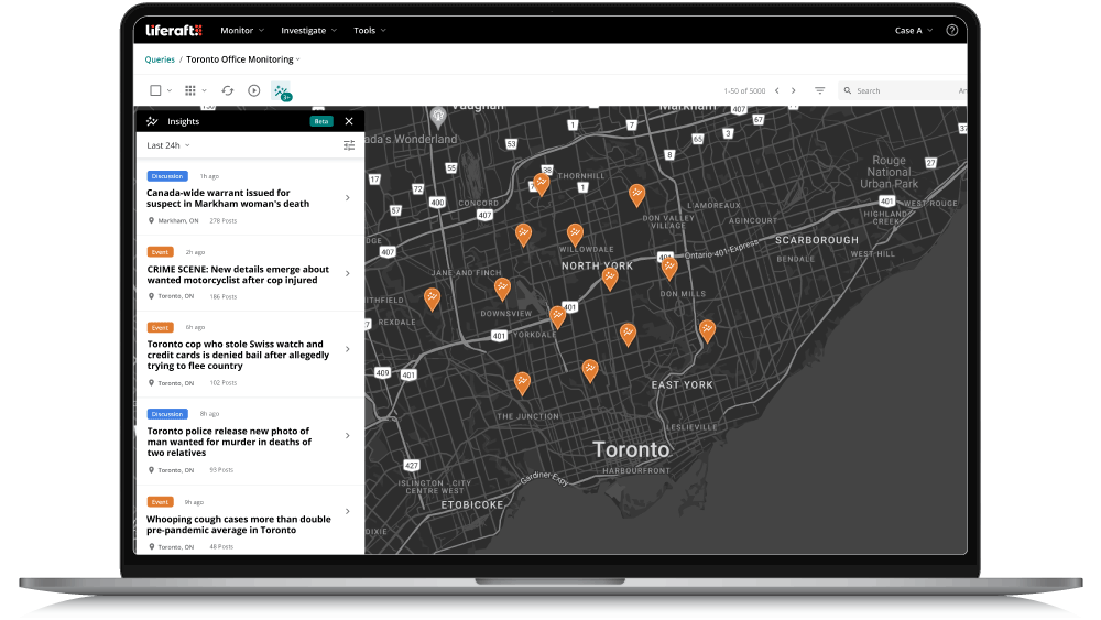 Liferaft Insights map view displayed on a laptop.