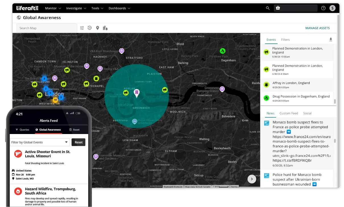 Screenshot of Liferaft’s Global Awareness feature showing mapped incidents, areas of interest, event and news feeds, and a mobile alerts view for location-based threat monitoring.