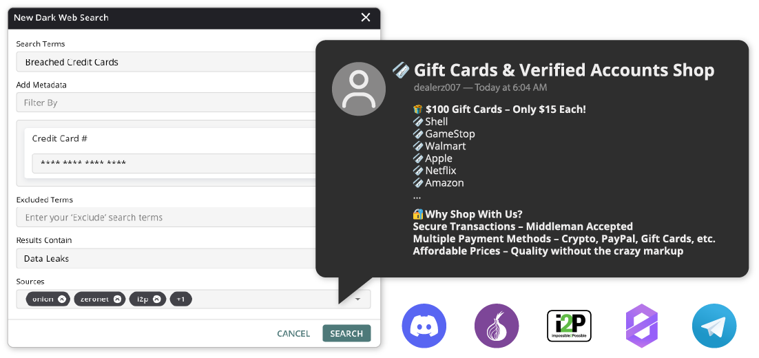 Collage showing Liferaft’s Deep and Dark Web Search feature with a search modal for breached credit cards, an example Discord post advertising illicit goods, and icons representing supported dark web sources.