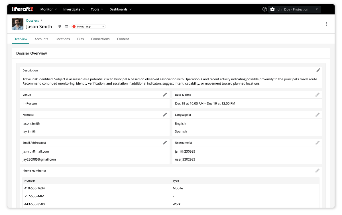 Screenshot of Liferaft Dossiers showing a person’s investigation profile with risk details, identifiers, contact information, and case notes.