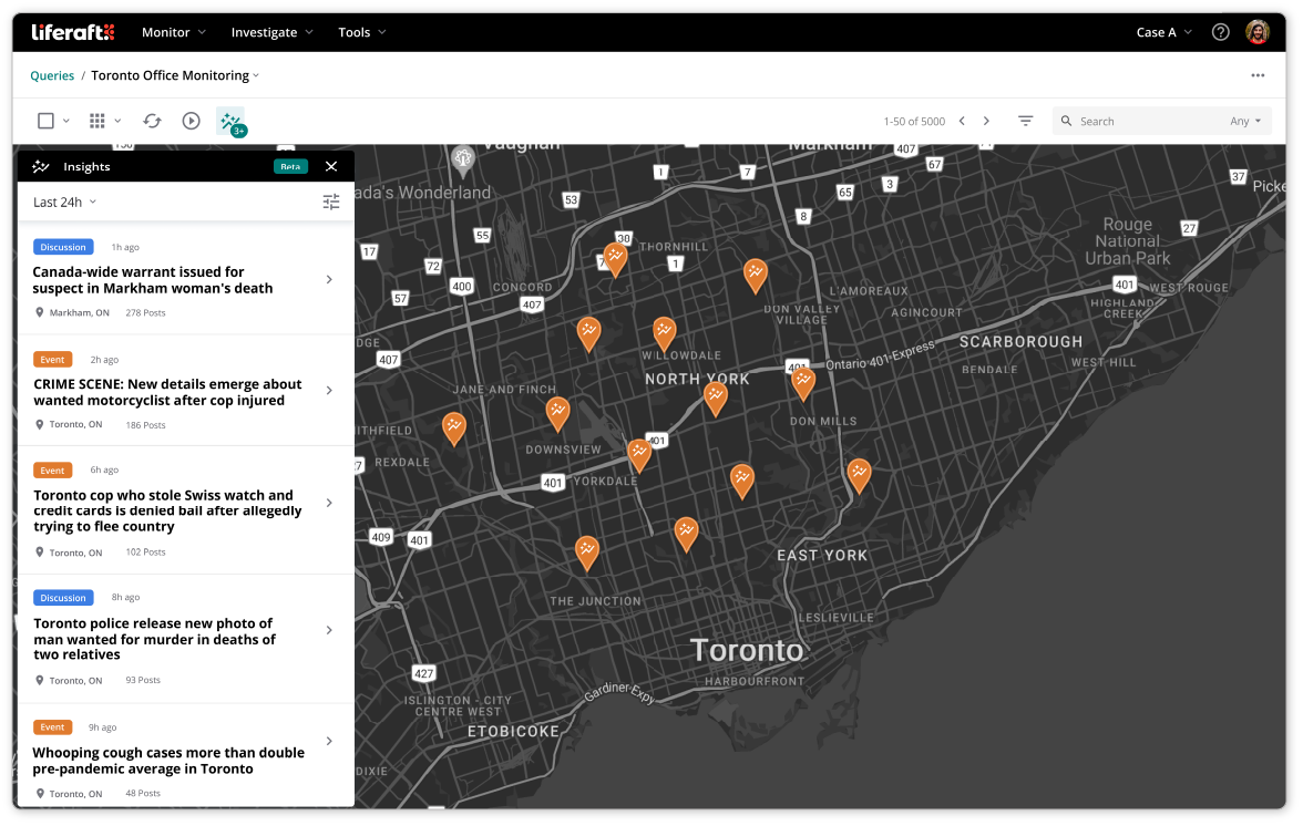 Screenshot of Liferaft Live Insights showing emerging trends plotted on a map, with location-based event markers and an insights panel summarizing related posts and developing activity.