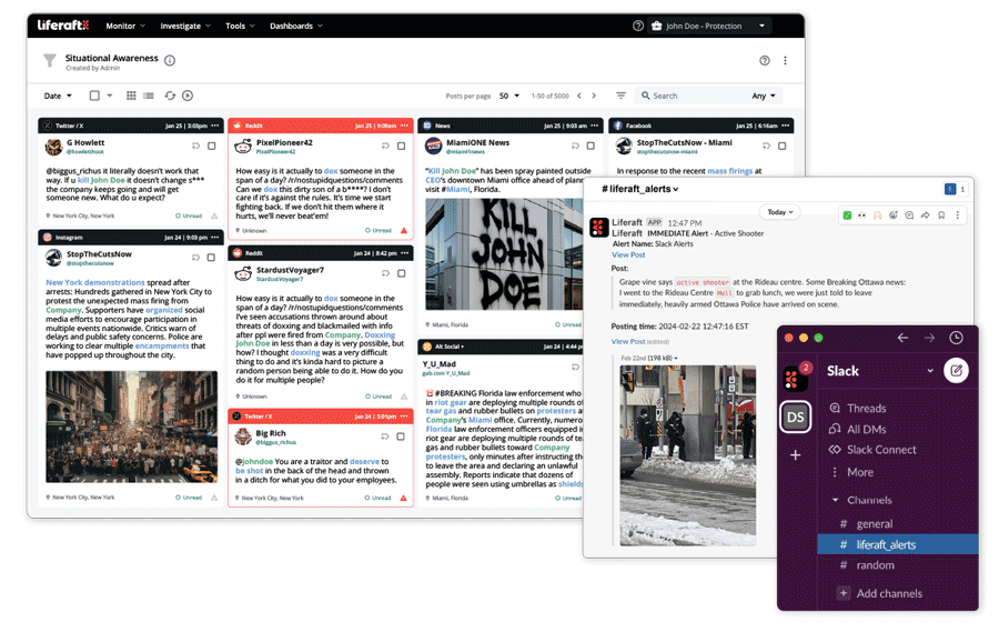 Screenshot of a Liferaft query with social posts and news results, alongside an instant alert delivered to a Slack channel for rapid threat notification.
